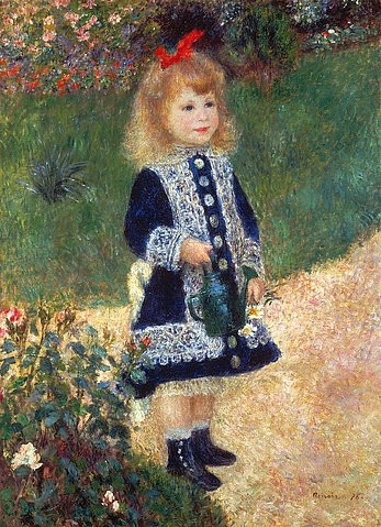 Pierre-Auguste Renoir, Mädchen mit Gießkanne. 1876 (Kind, Mädchen, rote Haarschleife, Garten, Gießkanne, niedlich, Samtkleid, Impressionismus, klassische Moderne, Wunschgröße, Wohnzimmer, Malerei)