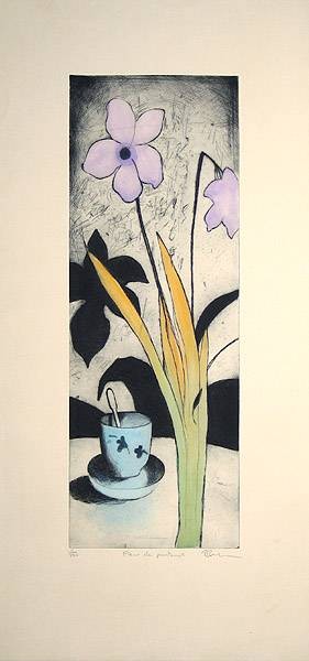 Baker Russel Fleur de Printemps (1998) (Radierung, handsigniert) (Blumen, Blüten,Tasse, Stillleben, modern, abstrahiert Grafik, Original, signiert, Wohnzimmer, Treppenhaus, Esszimmer, bunt)