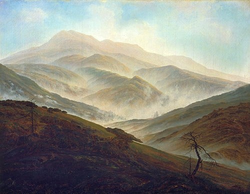 Caspar David Friedrich, Riesengebirgslandschaft mit aufsteigendem Nebel. Um 1820/1821 (München,Neue Pinakothek,Friedrich,Caspar David,1774-1840,Lwd.,Berg,Tschechien,Nebel,Friedrich,19. Jahrhundert,romantik, Bayerische Staatsgemäldesammlungen)