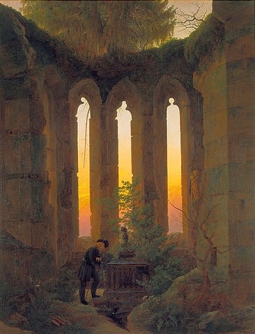 Caspar David Friedrich, Huttens Grab. 1824 (Friedrich,Caspar David,1774-1840,Weimar,Kunstsammlungen,Öl auf Leinwand,19. Jahrhundert,Romantik,Ruine,Friedhof,Caspar David Friedrich,Romantik,Hutten,19. Jahrhundert,Abendrot,Himmel,Himmelsfarbe,Ulrich von Hutten,Grabstätte,Allegorie,Befreiungskriege,Gra)