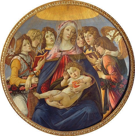 Sandro Botticelli, Madonna della Melagrana. (Maria, Mutter Gottes, Jesuskind, Granatapfel, Symbolik, Engel, Lichtstrahl, Tondo, Rundbild, Renaissance, Klassiker, Wunschgröße, Schlafzimmer, Wohnzimmer, bunt,)