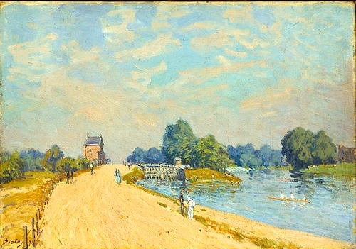 Alfred Sisley, Straße in Hampton Court. 1874 (Landschaft, Landschaftsmalerei, Sommer, Waldrand, England, Idylle, Wohnzimmer, Treppenhaus, Impressionismus, Klassische Moderne, Malerei, Wunschgröße, bunt)