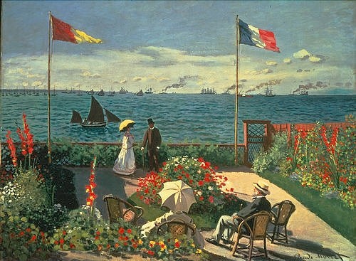 Claude Monet, Die Terrasse am Meeresufer von Sainte-Adresse. 1867 (Monet,Claude,1840-1926,New York,Metropolitan Museum,Öl auf Leinwand,Monet,   Claude Monet,  19. Jahrhundert,  Impressionismus,  Meer,  Aussicht,  Fahnen,  Sommer,  Frankreich,  Schirme,  Sonnenschirm,  upperclass,  Sommerfrische,  Terrasse,  Blumenbeete,)