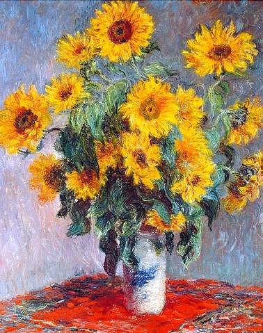 Claude Monet, Sonnenblumen. 1880 (Monet,Claude,1840-1926,New York,Metropolitan Museum,Öl auf Leinwand,Monet, Claude Monet,19. Jahrhundert,Impressionismus,Blumen,Blumenstillleben,Blumenstilleben,Sonnenblumen,Vase,Tischdecke,Blumenstrauß, französischer,Impressionismus,französisch)