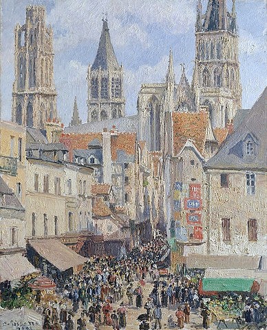Camille Pissarro, Die Rue de l'Épicerie in Rouen. 1898 (Stadtansicht,Frankreich,Impressionismus,französischer,19. Jahrhundert,Öl auf Leinwand,1830-1903,Pissarro,Camille,New York,Metropolitan Museum,https://creativecommons.org/publicdomain/zero/1.0/,Pissarro, Camille Pissarro,19. Jahrhundert,Rouen,Frankreich,Ki)