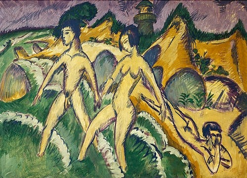 Ernst Ludwig Kirchner, Ins Meer Schreitende. 1912 (Kirchner,Ernst Ludwig,1880-1938,Stuttgart,Staatsgalerie,Öl auf Leinwand,Kirchner, Ernst Ludwig Kirchner,20. Jahrhundert,Expressionismus,Baden,Paar,Mann,Frau,Strand,Akte,Männlicher Akt,Weiblicher Akt,Ostsee,Fehmarn,im Einklang mit der Natur,Strandszene,Küs)
