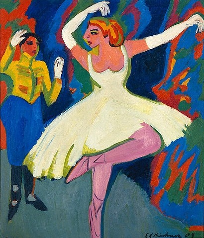 Ernst Ludwig Kirchner, Russische Tänzerin. 1909 (20. Jahrhundert,Öl auf Leinwand,Bielefeld,Kunsthalle,1880-1938,Kirchner,Ernst Ludwig,Tanz,Kirchner, Ernst Ludwig Kirchner Die Brücke Expressionismus Tänzerin Handschuhe weißes Kleid Ballett Expressionismus Pose erhobene Arme Uniform)