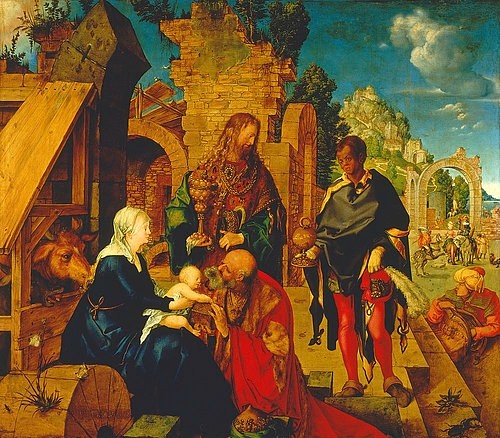 Albrecht Dürer, Die Anbetung der Könige. 1504 (Öl auf Holz,Florenz,Galleria degli Uffizi,1471-1528,Dürer,Albrecht,Albrecht Dürer,Dürer,Könige,König,Caspar,Kaspar,Anbetung der drei heiligen Könige,Anbetung,Balthazar,Balthasar,Melchior,Weihnachten,Christkind,Maria,Joseph,Josef,Stall,Esel,Ochse,Ruine,Pfe)