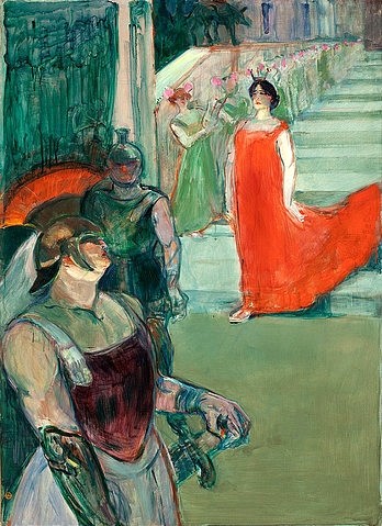 Henri de Toulouse-Lautrec, Messalina an der Treppe mit Komparsen. 1900-01 (Toulouse-Lautrec,Henri de,1864-1901,Los Angeles,County Museum of Art,Öl auf Leinwand,19. Jahrhundert,Contact LACMA Rights and Reproductions for copyright notice,Theater,Toulouse-Lautrec, Henri de 1864-1901,Oper,Bühne rot rotes Kleid Gladiator Aufführung)