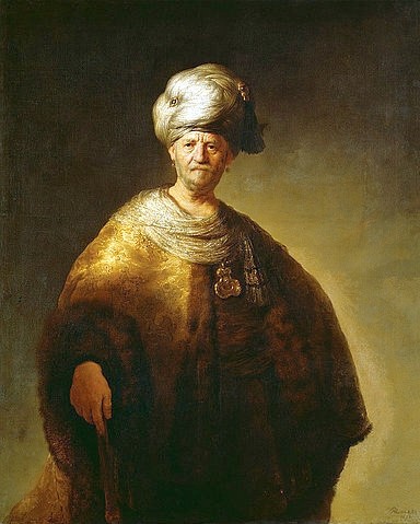Rembrandt van Rijn, Bildnis eines vornehmen Orientalen. 1632 (Rembrandt van Rijn,1606-1669,New York,Metropolitan Museum,Öl auf Leinwand,Rembrandt van Rijn,Rembrandt,17. Jahrhundert,Barock,Mann,Orient,Orientale,orientalisierend,Kopfbedeckung,Turban,Brokat,neutraler Hintergrund,würdevoll,Würde,Überwurf,Umhang,Ohrringe)