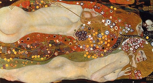 Gustav Klimt, Wasserschlangen II. (Freundinnen) 1904/07 (Klassische Moderne, Wasserwesen, dekorativ, Jugendstil, Erotik, Frau, Nixen, Ornamente, Akt, nackt,  bunt, Wohnzimmer, Schlafzimmer, Malerei, Wunschgröße)