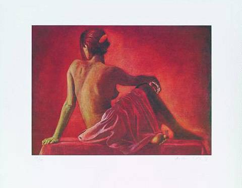 Scholz Andreas Roter Akt (1999) (Lithographie, handsigniert) (Aktmalerei, Rückenakt, nackt, junge Frau, modern, Malerei, Original, signiert, zeitgenössisch, Wohnzimmre, Schlafzimmer, rot)