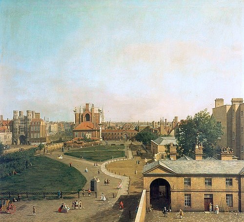 Canaletto (Giovanni Antonio Canal), London, Whitehall und Privy Garden von Richmond House aus. 1746/47 (18. Jahrhundert,Goodswood,Slg.Duke of Richmond,1697-1768,Canaletto (Giovanni Antonio Canal),England,London,Canaletto,Giovanni Antonio Canal,Stadtansicht,Stadtteil,erhöhter Standpunkt,Großbritannien)