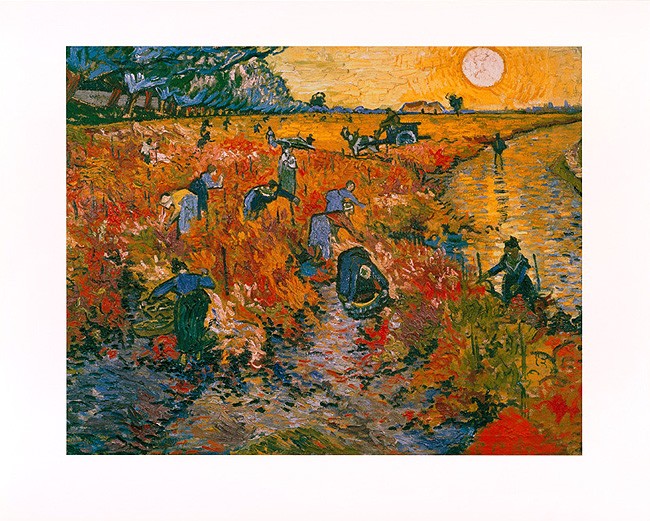 Vincent van Gogh, Die roten Weinberge von Arles (Offset) (Weinlese, Weinberg, Arbeiter, Trauben, Fluss, Sonnenuntergang, Impressionismus, Klassiker, Wohnzimmer, Arztpraxis, bunt)