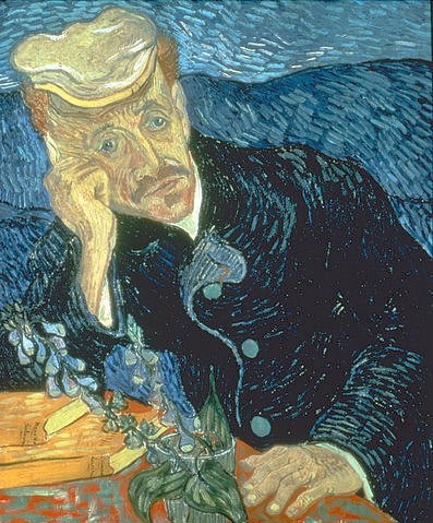Vincent van Gogh, Bildnis des Dr. Gachet. 1890 (Gogh,Vincent van,1853-1890,Öl auf Leinwand,Verbleib unbekannt  (vorher Privatbesitz Ryoei Saito),Gogh, Vincent van Gogh,19. Jahrhundert,Post-Impressionismus,Portrait,Porträt,Melancholie,melancholisch,traurig,Schiebermütze,Schnurrbart,blau,Mann,aufgestützt)