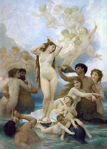 William Adolphe Bouguereau, Die Geburt der Venus. 1879 (Paris,Musée d'Orsay,Bouguereau,William Adolphe,1825-1905,Öl auf Leinwand,19. Jahrhundert,Mythologie,Weiblicher Akt,Bouguereau, William Adolphe 1825-1905,Muschel,Delphin,Muschelhorn,Göttin,Schönheit,Putten,Putti,Engelchen,Nymphe,Nymphen)