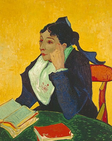 Vincent van Gogh, Die Arlesienne (Madame Ginoux). 1888 (Post-Impressionismus,Portrait,19. Jahrhundert,New York,Metropolitan Museum,1853-1890,Gogh,Vincent van,Lesen,Tracht,Frankreich,Gogh,19. Jahrhundert,buch,Bücher,Frau,Halbfigur,Porträt,gelb, gelber hintergrund)