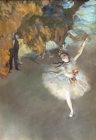 Edgar Degas, Der Star (Danseuse sur la Scene). Um 1878 (Degas,Edgar,1834-1917,Paris,Musée d'Orsay,Monotypie/Pastell,19. Jahrhundert,Impressionismus,Tanz,Theater,Edgar Degas,Bühne,19. Jahrhundert,Ballett,Ballerina,Tänzerin,Prima ballerina,Tutu,Eleganz,elegant,Grazie,Anmut, französischer impressionismus,französi)