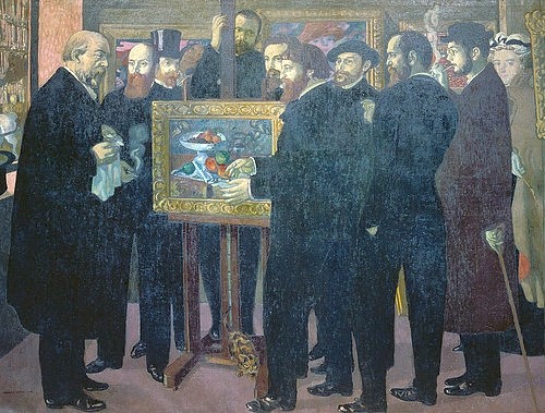 Maurice Denis, Hommage à Cézanne. 1900 (Künstler, Maler, Künstergruppe, Nabis, Persönlichkeiten, Bildbetrachtung, Hommage, Malerei, Männer, Staffelei, Gemälde, Paul Cezanne, ,Odilon Redon, Edouard Vuillard, Kunstkritiker André Melleri, Wohnzimmer, Galerie, Wunschgröße, bunt)