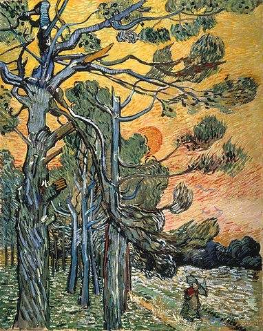 Vincent van Gogh, Kiefern mit untergehender Sonne und weiblicher Figur. 1889 (Gogh,Vincent van,1853-1890,Otterlo,Museum Kröller-Müller,Gogh,Vincent van Gogh,Kiefern,Sonne,Sonnenuntergang,Landschaft,19. Jahrhundert,19. Jh.,Stimmung,Abend,Baum)