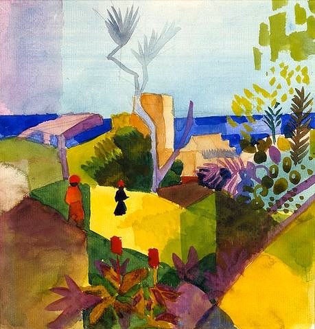 August Macke, Landschaft am Meer. 1914 (München,Pinakothek der Moderne,Macke,August,1887-1914,Aquarell,Macke,August Macke,20. Jahrhundert,Expressionismus,Meer,Landschaft,Tunis,Reise,Tunisreise,Nordafrika,gelb,warm,warme Farben, Bayerische Staatsgemäldesammlungen)