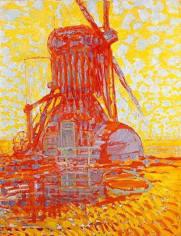 Piet Mondrian, Rote Mühle im Gegenlicht. 1908. (Den Haag,Gemeentemuseum,Mondrian,Piet,1872-1944,Mühle,piet mondrian,orange,rot,gelb)