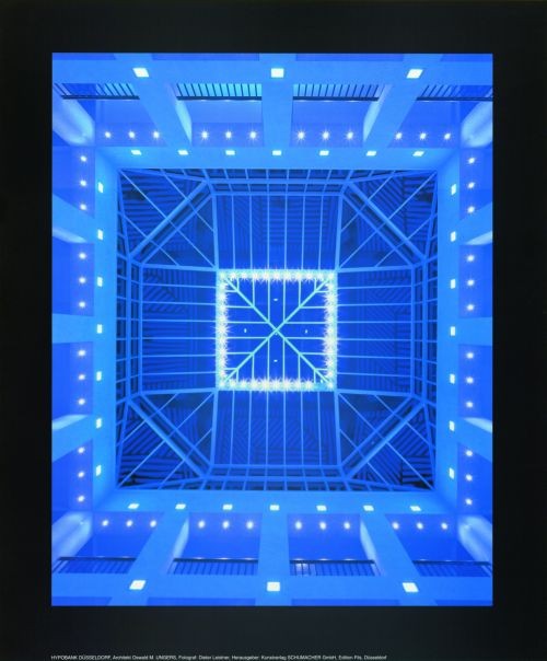 O M Ungers, Hypobank Düsseldorf (1999) (Gebäude, modern, Architektur, Perspektive, Ausblick, futuristisch, Wohnzimmer, Büro, Business, Fotokunst, blau)