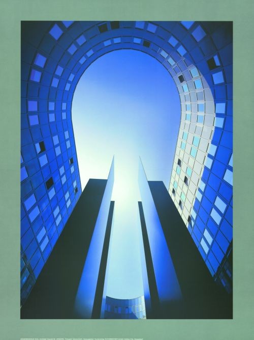 O M Ungers, Johannishaus Köln (1999) (Gebäude, modern, Architektur, Perspektive, Ausblick, futuristisch, Wohnzimmer, Büro, Business, Fotokunst, blau)