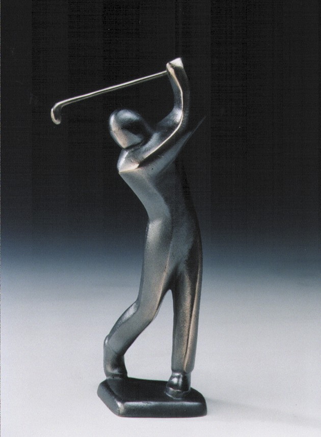 Jutta Römhild, Golfer, abschlagend, 23cm (Plastik, Skulptur, Bronze, Sport, Golfsport, Golfspieler, reduziert, elegant, modern, Figur)