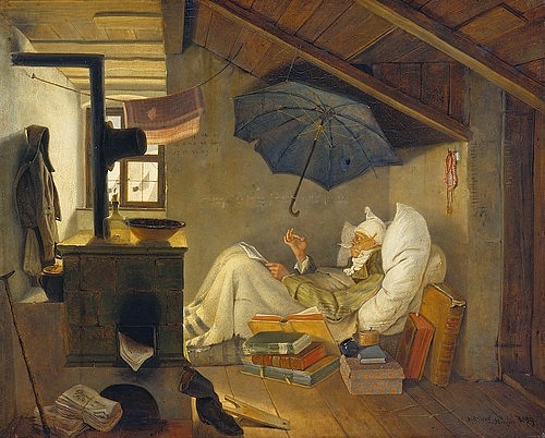 Carl Spitzweg, Der arme Poet. 1839 (Spitzweg,Carl,1808-1885,München,Neue Pinakothek,Lwd.,Interieur,Bett,Ofen,Armut,Schirm,Spitzweg,Biedermeier,19. Jahrhundert,poet,Bücher,Buch,Federkiel,Schuhabstreifer, Bayerische Staatsgemäldesammlungen)
