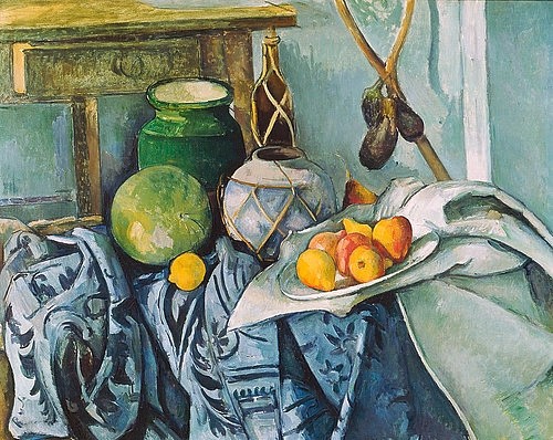 Paul Cézanne, Stilleben mit Ingwertopf und Auberginen. 1893-94 (Stillleben, Gefäße, Krug, Topf, Flasche, Melone, Wassermelone, Zitrone,Tuch, Brokat, Aubergine, Tisch, Wunschgröße, Klassiker, Impressionismus, Wunschgröße, Wohnzimmer, Esszimmer,)