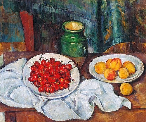 Paul Cézanne, Stilleben mit Kirschen und Pfirsichen. 1883/87 (Stillleben,  Kirschen, Obst, Krug, Teller, weißes Tischtuch, Pfirsiche, Wunschgröße, Klassiker, Post-Impressionismus, Wunschgröße, Wohnzimmer, Esszimmer,)