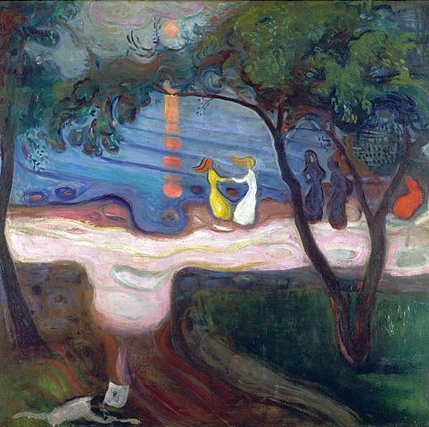Edvard Munch, Tanz am Meeresstrand. 1900 (Prag,National (Narodni) Galerie,Munch,Edvard,1863-1944,19. Jahrhundert,18. Jahrhundert,Expressionismus,Strand,Abend,Tanz,Munch,20. Jahrhundert,ausgelassen,mädchen,frauen,feiern,see,seeufer,wald)