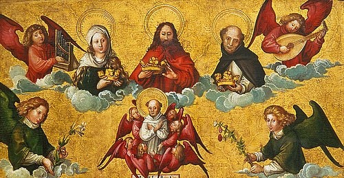 Albrecht  (zugeschrieben) Dürer, Die Krönung des hl. Dominikus. (Darmstadt,Hessisches Landesmuseum,Dürer,Albrecht  (zugeschrieben),Heiliger Dominikus,Himmel,Engel,Musik,Gott,Dürer, Albrecht (zugeschrieben))