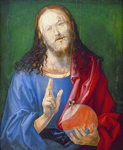 Albrecht Dürer, Salvator Mundi (unvollendet). Um 1501/04 (Dürer,Albrecht,1471-1528,New York,Metropolitan Museum,Holz,16. Jahrhundert,Christus,Dürer, Albrecht Dürer,Jesus Christus,segnen,Renaissance,Heiland,Retter der Welt,Hand,Erlöser,Weltkugel,Segen)