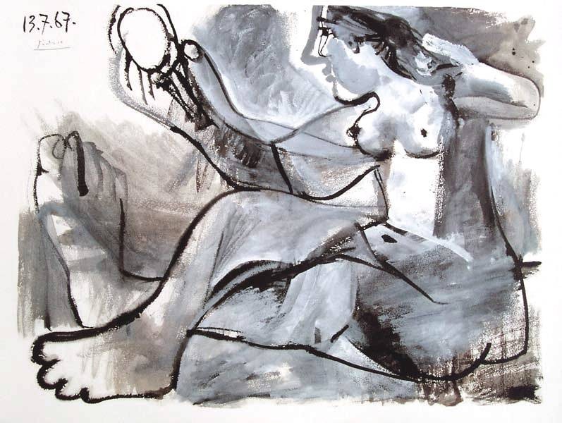 Picasso Pablo Akt mit Spiegel (1967) (Frequenzmodulierte Rastertechnik, Bütten) (Klassische Moderne, Malerei, Kubismus, sitzende Frau, Aktmalerei, nackt, Spiegel, Profil, geometrische Formen, Wohnzimmer, Schlafzimmer, bunt)