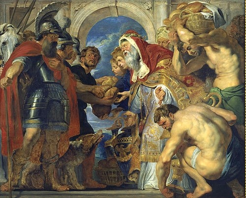 Peter Paul Rubens, Die Begegnung Abrahams und Melchisedechs. Um 1615-18 (Rubens,Peter Paul,1577-1640,Caen,Musée des Beaux-Arts,Öl auf Holz,17. Jahrhundert,Barock,Altes Testament,Dialog,Abraham,Melchisedek,Rubens, Peter Paul 1577-1640,Brot,König,Priester,Hund,Rüstung,segnen,Akt,Rücken)