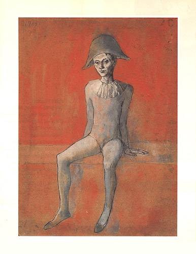 Picasso Pablo Sitzender Harlekin (1905) (Frequenzmodulierte Rastertechnik, Bütten) (Klassische Moderne, Malerei, Rosa Periode, Harlequin, Clown, Zirkus, Tristesse, Melancholie, Schlafzimmer, beige/rot)