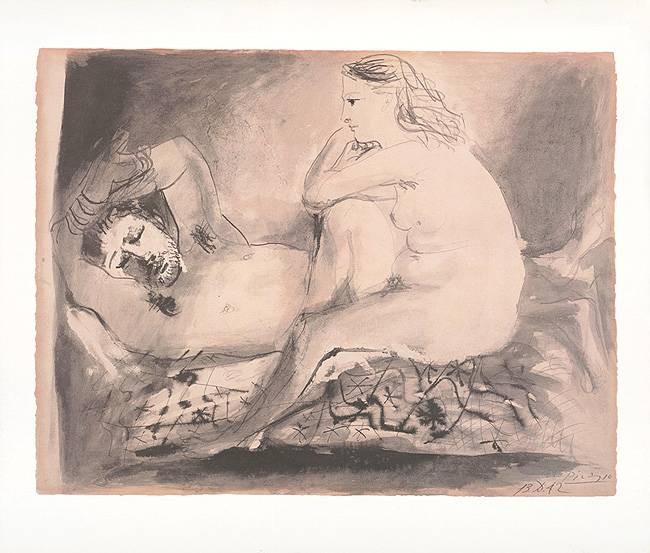 Picasso Pablo Schlafender (1942) (Frequenzmodulierte Rastertechnik, Bütten) (Klassische Moderne, Malerei, Zeichnung, Paar, Mann, Frau, Schlaf, Wache,  Wohnzimmer, Schlafzimmer, schwarz / weiß)