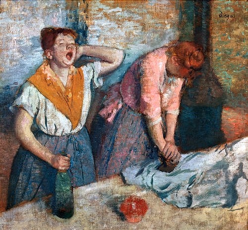 Edgar Degas, Die Büglerinnen. 1884/86 (Degas,Edgar,1834-1917,Paris,Musée d'Orsay,Öl auf Leinwand,19. Jahrhundert,Degas, Edgar Degs,Impressionismus,Arbeit,Arbeiterin,Arbeiterinnen,Frauen,bügeln,Büglerin,Büglerinnen,Hausarbeit,Haushalt,gähnen,Flasche,müde,Müdigkeit,bügeln,plätten,Schultertuch,Al)