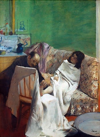 Edgar Degas, Die Pediküre. 1873 (Degas,Edgar,1834-1917,Paris,Musée d'Orsay,Öl/Papier/Lwd.,Degas, Edgar Degas,19. Jahrhundert,Interieur,Genre,Toilette,Laken,bedecken,zugedeckt,Mann,Patient,Patientin,Mädchen,Hygiene,Gesundheitspflege,pflegen,Pflege,Körperpflege,Beruf,Fußpflege,Fußpfleger,F)