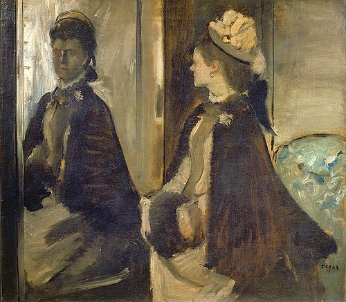 Edgar Degas, Madame Jeantaud vor dem Spiegel. Um 1875 (Impressionismus,19. Jahrhundert,Öl auf Leinwand,Paris,Musée d'Orsay,1834-1917,Degas,Edgar,Spiegel,Frau,Degas, Edgar 1834-1917, französischer impressionismus,französisch,impressionistisch,Spiegelbild,Hut,Muff,Mode)