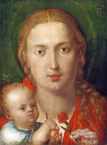 Albrecht Dürer, Muttergottes mit der Nelke. 1516 (München,Alte Pinakothek,Dürer,Albrecht,1471-1528,Pergament/Nadelholz,Dürer,Albrecht Dürer,Renaissance,Maria,Jesus Christus,Christuskind,Jesuskind,16. Jahrhundert,Madonna,frontal,Nelke,blond,Heiligenschein,Kleinkind, Bayerische Staatsgemäldesammlungen)