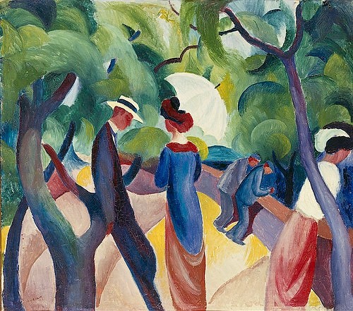August Macke, Promenade. 1913 (München,Städtische Galerie,Macke,August,1887-1914,Öl/Pappe,Macke,August Macke,20. Jahrhundert,Paar,Garten,Park,Schirm,Sonnenschirm,Sonnenhut,Spaziergang,Zwiegespräch,Dialog,Unterhaltung,Rückenfigur,sich unterhalten,distanziert,Expressionismus,Beziehung,Sp)
