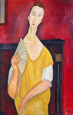 Amadeo Modigliani, Dame mit Fächer. 1919 (Modigliani,Amadeo,1884-1920,Paris,Musée national d'Art moderne,Öl auf Leinwand,Modigliani, Amadeo Modigliani,Portrait,Lunia Czechowska,Frau,Fächer,rot,gelb,schmal,langgestreckt,lang gestreckt)