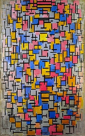Piet Mondrian, Komposition. 1916 (20. Jahrhundert,Abstraktion,Öl auf Leinwand,1872-1944,Mondrian,Piet,New York,S. Guggenheim-Museum,Foto: Peter Willi - Artothek,Abstrakte Kunst,Mondrian, Piet 1872-1944,abstrakt,Gitter,schwarz,schwarze Linien,gelb,rosa,blau)