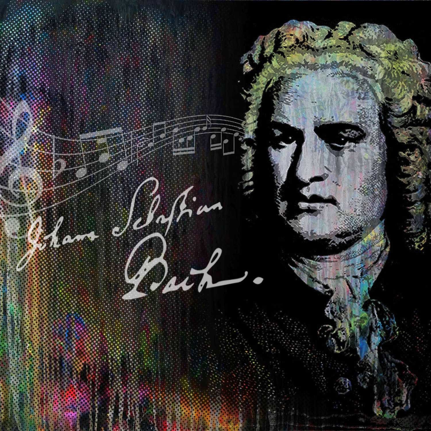 Peter Sander, Bach (Portrait, Komponist, Noten, Musiker, Persönlichkeiten, Popart, Künstler, modern, illustrativ, Wunschgröße, Treppenhaus, Wohnzimmer,)