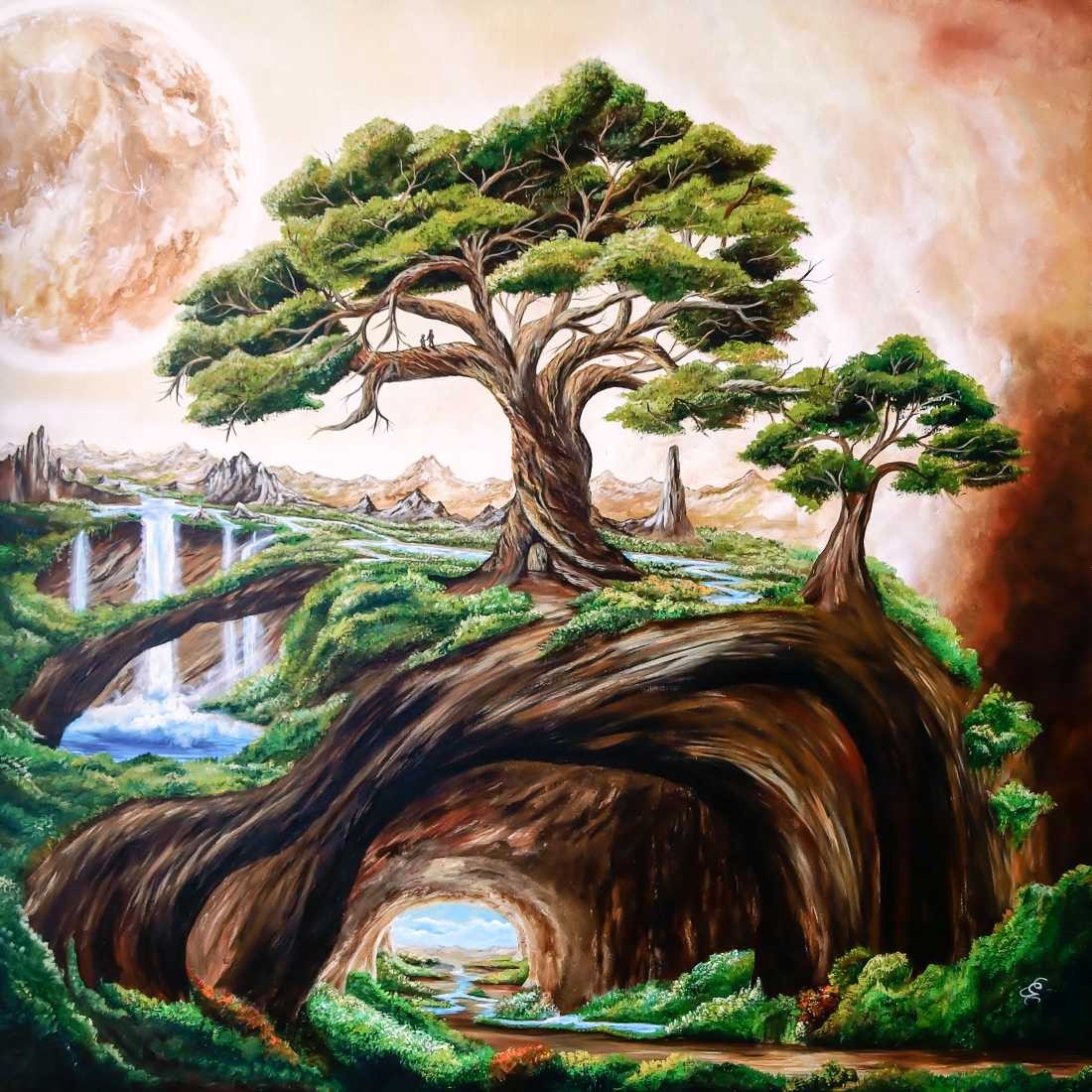 Conny Krakowski, Nur auf der Durchreise (Surrealismus, Traum, Magie, Esoterik, Baum, Traumbaum,Lebensbaum,Geburt,Leben,Sterben,Wege, Lebensweg, Phantasie,Fantasie,Realismus,Malerei,Gemläde,detaiiert,Traumbild,Traumlandschaft,Landschaftsmalerei,Träumerei,Wasserfall,Berge,Wolken,)