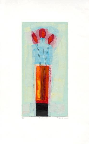 Baker Russel Red Vase (1999) (Siebdruck, handsigniert) (Blumenvase, Blüten, Stillleben, modern, abstrahiert Grafik, Original, signiert, Wohnzimmer, Treppenhaus, Esszimmer, bunt)