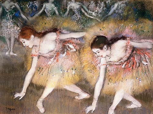 Edgar Degas, Sich verbeugende Ballerinen. 1885 (Degas,Edgar,1834-1917,Christie's Images Ltd,Pastell/Holz,18. Jahrhundert,Impressionismus,Tanz,Theater,Degas, Edgar Degas,1834-1917,Ballet,Ballerina,Bühne,Tänzerin,Tänzerinnen,sich verbeugen,Pose,impressionismus,impressionistisch, französischer impressioni)